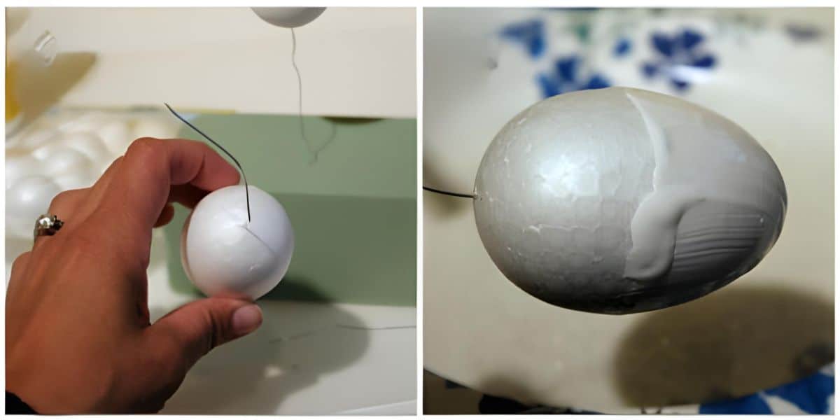 Piercing a styrofoam egg with a wire, and coating with Mod Podge. 