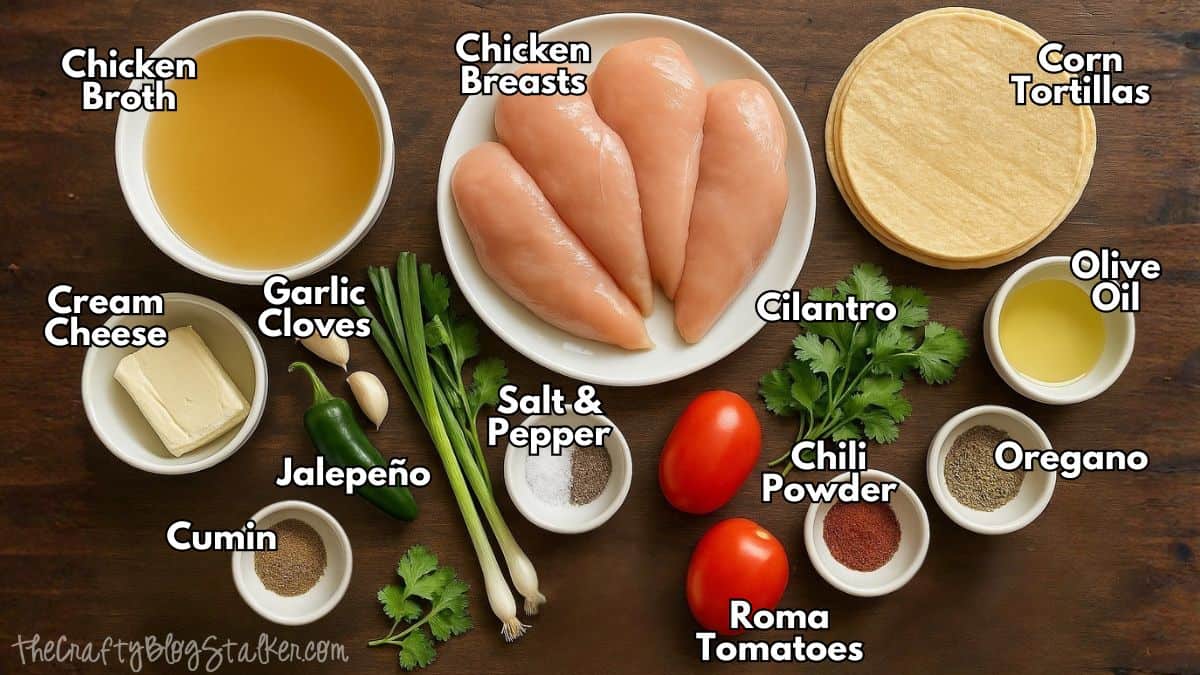 Flat lay of ingredients for oven-baked chicken taquitos, including chicken breasts, corn tortillas, broth, cream cheese, spices, tomatoes, jalapeño, and cilantro.