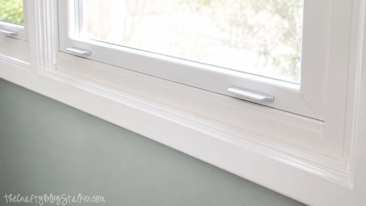 Close-up of a freshly painted white window trim and sill against a soft green wall, showing clean lines and crisp molding details.