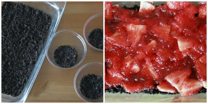 Crushed Oreo cookies into crumbs layered with a strawberry filling.