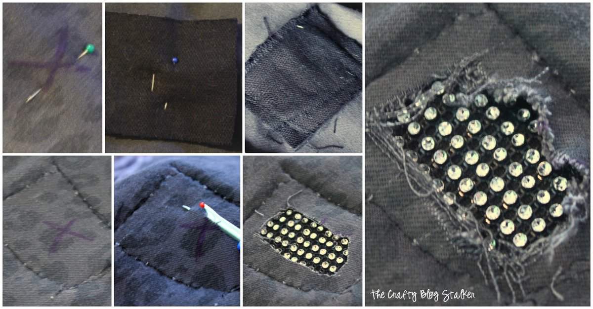 Collage image showing the steps to sewing the bling patch to the pants.