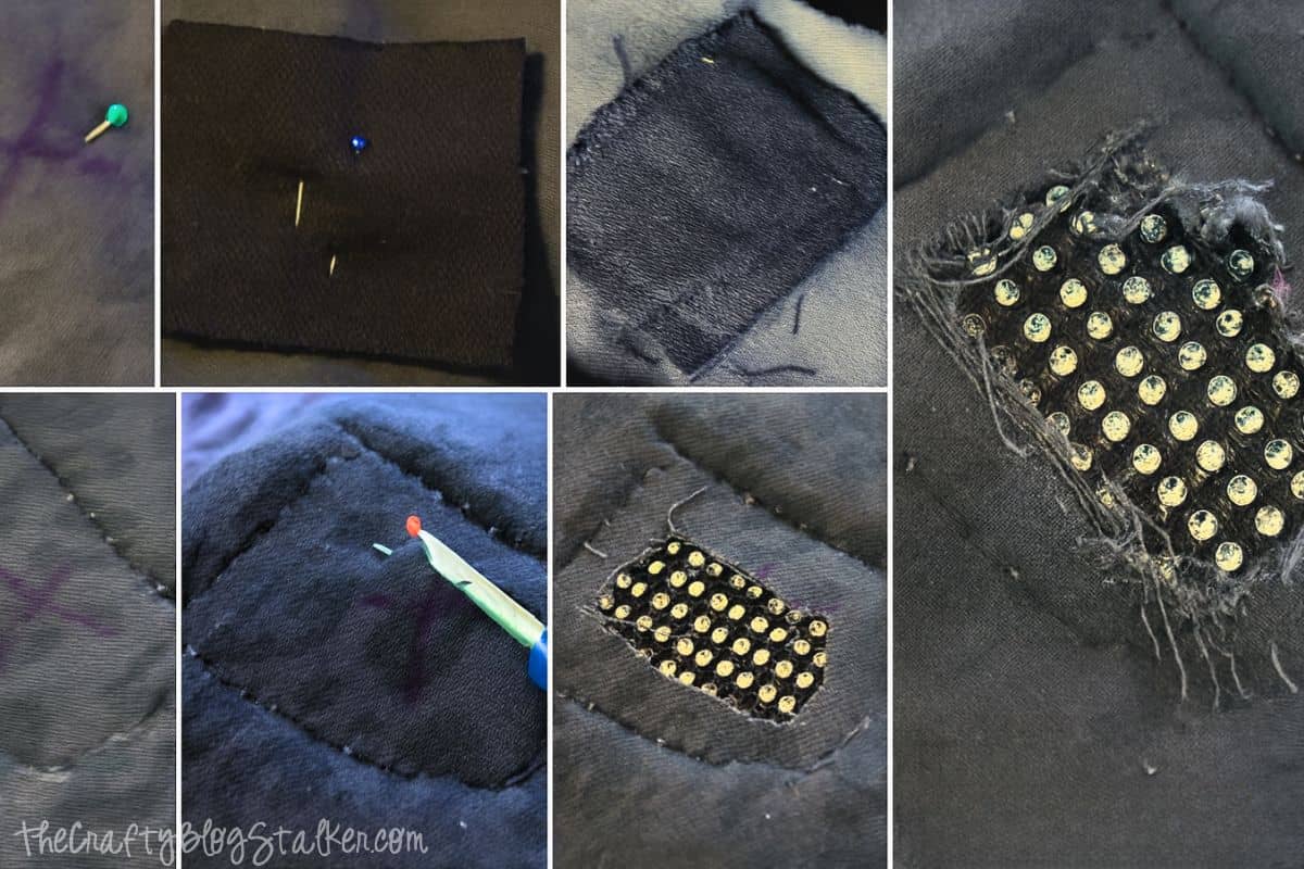 Collage image showing the steps to sewing the bling patch to the pants.