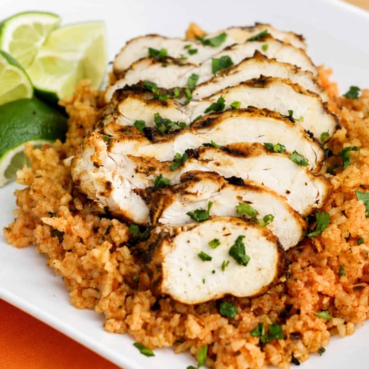 Sliced grilled chicken over cilantro lime rice with fresh lime wedges and chopped cilantro on a white dinner plate.