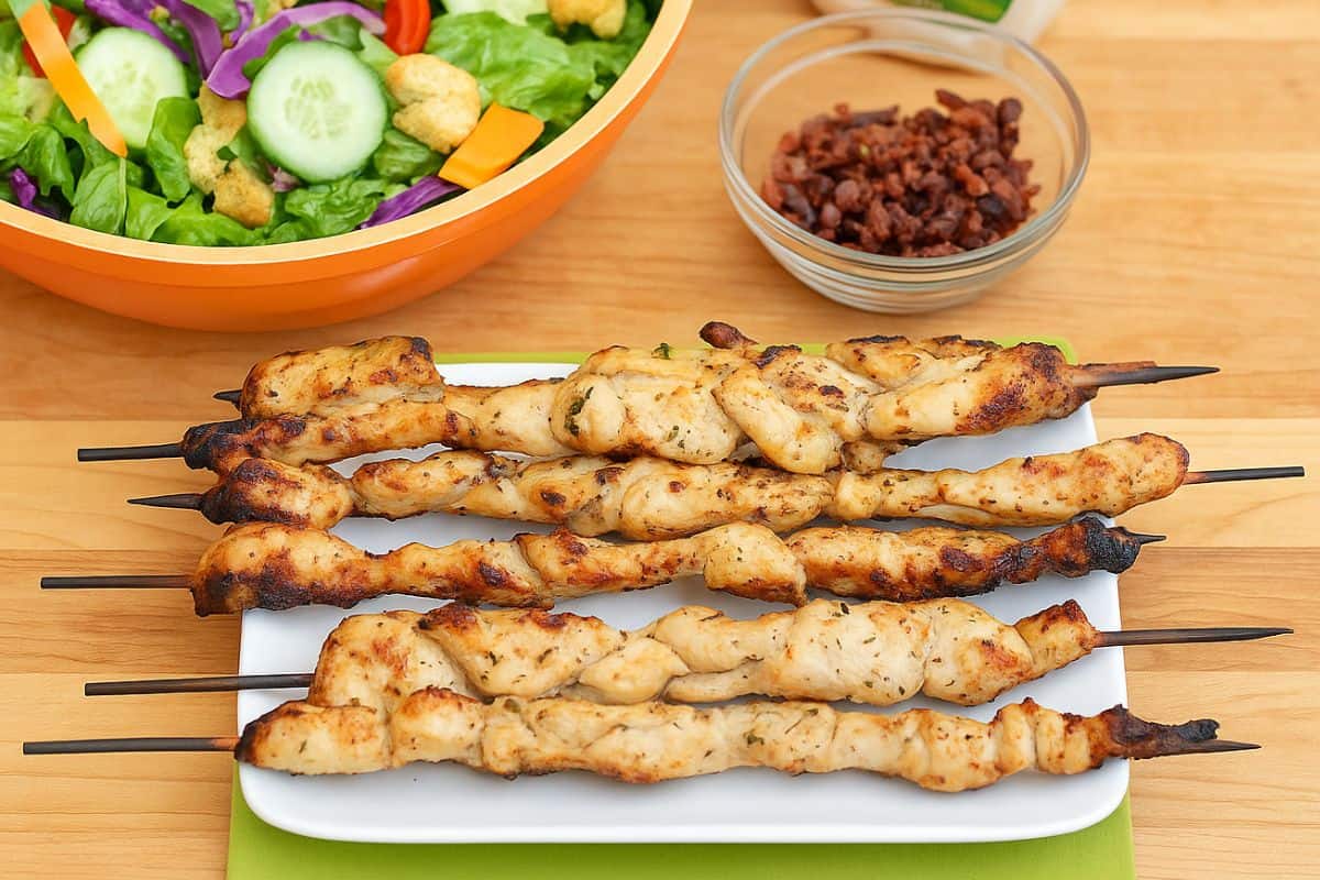 Grilled ranch chicken skewers on a white plate, served with a colorful garden salad and a bowl of bacon bits on a wooden table.