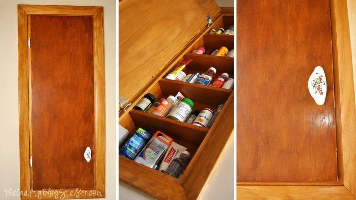 Collage showing a wooden medicine cabinet with the door closed, open to reveal organized medications, and closed again after storage.
