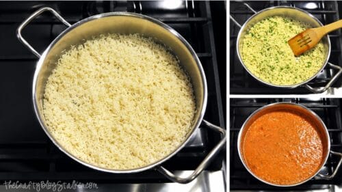 Collage showing steps for making Mexican rice with uncooked rice, seasoned rice, and blended tomato sauce in pots on a stovetop.