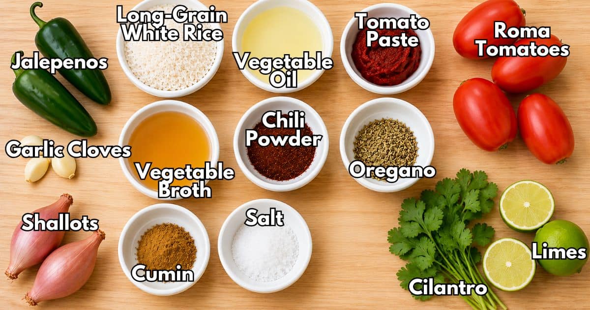 Ingredients for Mexican rice including jalapeños, garlic, rice, tomato paste, roma tomatoes, broth, spices, cilantro, shallots, and limes.