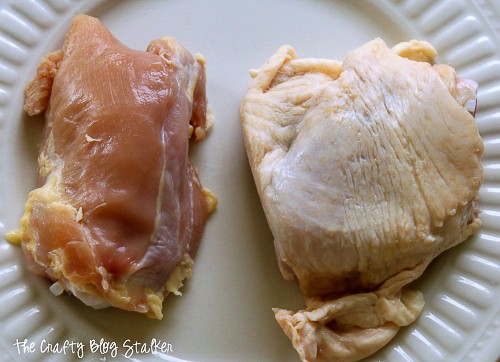 raw chicken, 1 without skin, and 1 with skin