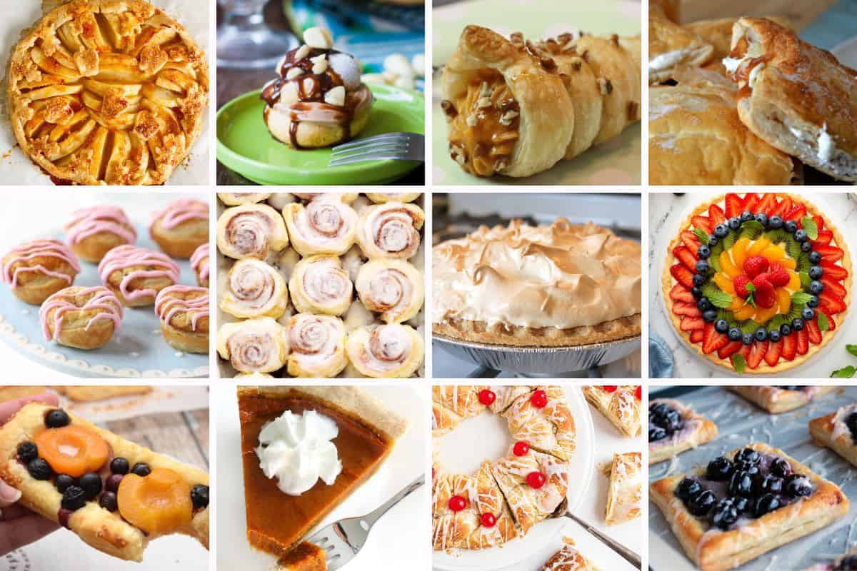 Collage image with 12 pastry desserts.