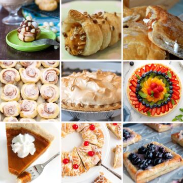 Collage image with 9 pastry desserts.