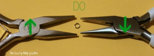image of the correct way to open a jump ring with jewelry pliers
