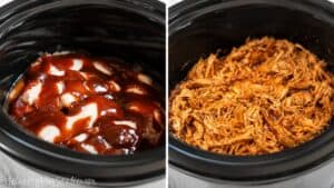 Side-by-side view of chicken breasts cooking in BBQ sauce in a slow cooker and the finished shredded BBQ chicken ready for smashed potatoes.