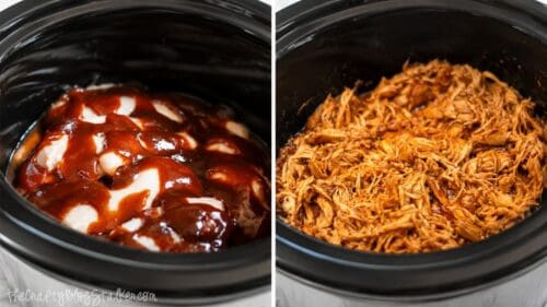Side-by-side view of chicken breasts cooking in BBQ sauce in a slow cooker and the finished shredded BBQ chicken ready for smashed potatoes.