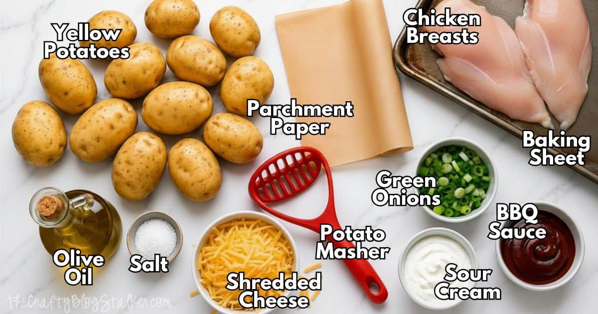 Ingredients for BBQ chicken smashed potatoes including yellow potatoes, chicken breasts, shredded cheese, BBQ sauce, sour cream, green onions, and kitchen tools.