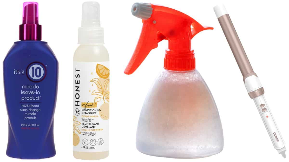 Four hair styling items including leave-in conditioner, detangling spray, a spray bottle, and a curling wand arranged on a plain background.