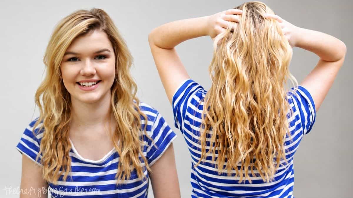 Woman with long wavy hair shown from front and back, demonstrating beachy texture waves.