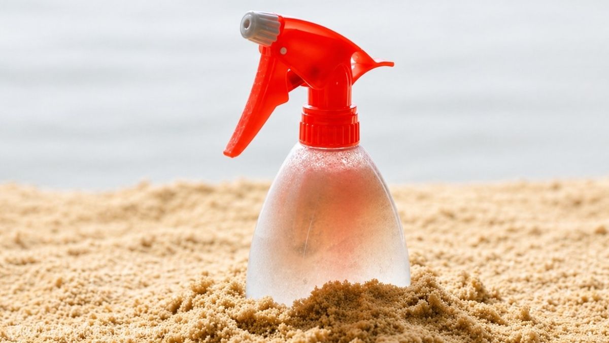 Clear spray bottle with a red nozzle partially buried in sand, covered in condensation droplets.