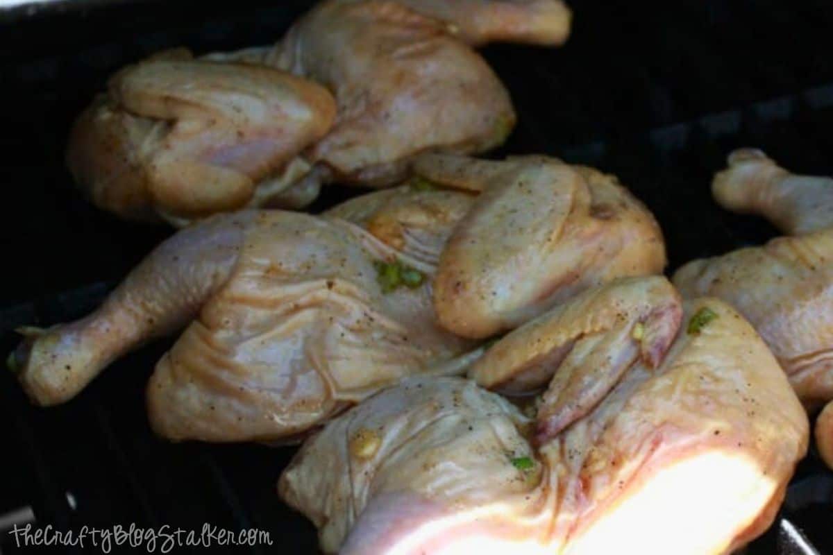 Hens on a grill skin up.