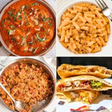 Collage of four dishes including chicken in tomato sauce, creamy pasta, seasoned rice with chicken, and sliced quesadillas filled with meat and vegetables.