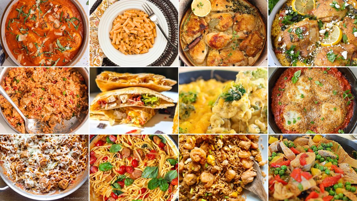 Collage of multiple skillet meals including pasta, rice dishes, chicken recipes, quesadillas, and cheesy casseroles arranged in a grid.