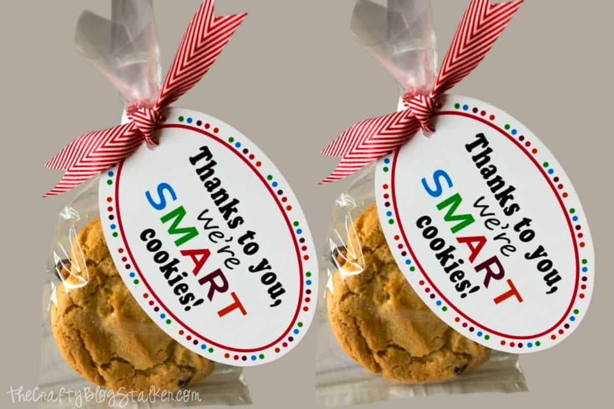 A bag of cookies with a Smart Cookie printable tag to make a teacher gift.