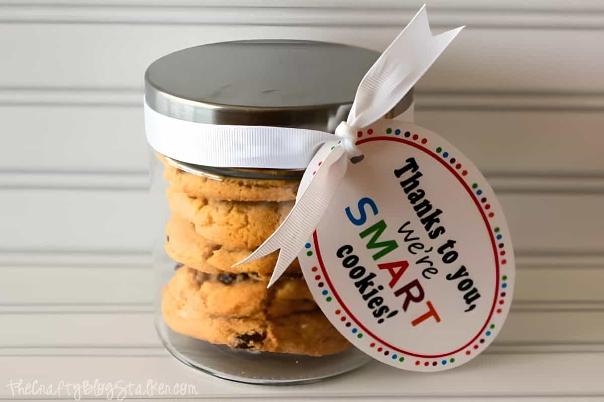 A jar of cookies with a printable Smart Cookies tag to gift as a teacher gift.