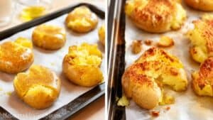 Side-by-side photos of smashed potatoes before and after baking, showing golden, crispy edges on a parchment-lined baking sheet.