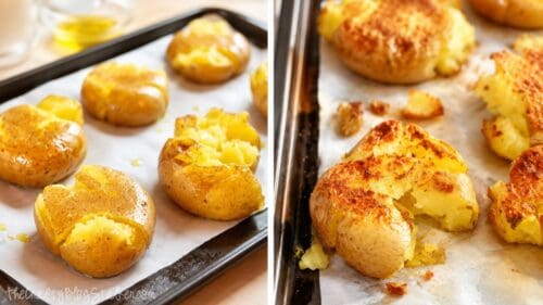 Side-by-side photos of smashed potatoes before and after baking, showing golden, crispy edges on a parchment-lined baking sheet.