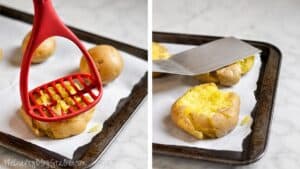 Side-by-side photos showing two ways to smash boiled potatoes on a parchment-lined baking sheet using a potato masher and a metal spatula.