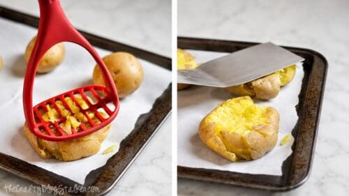 Side-by-side photos showing two ways to smash boiled potatoes on a parchment-lined baking sheet using a potato masher and a metal spatula.