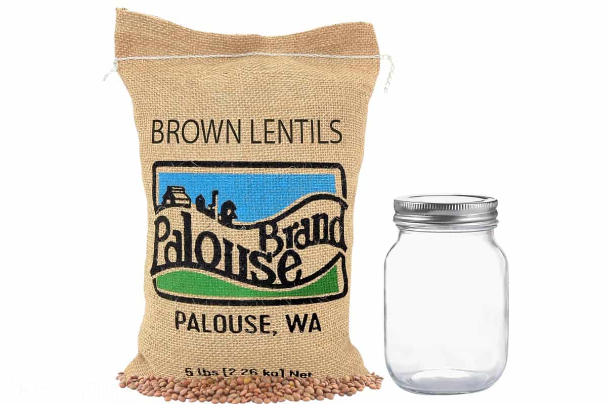 A bag of brown lentils and a mason jar.