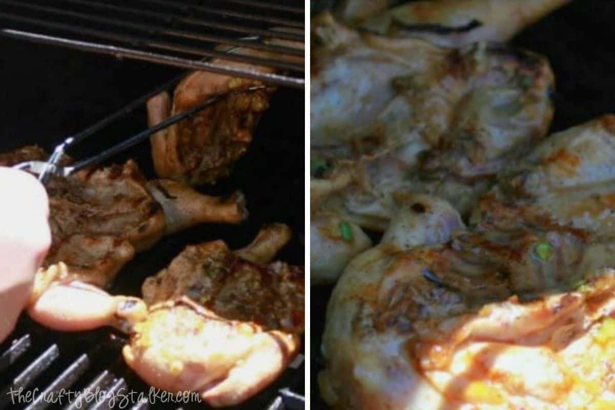 Turning cornish hens on a grill.