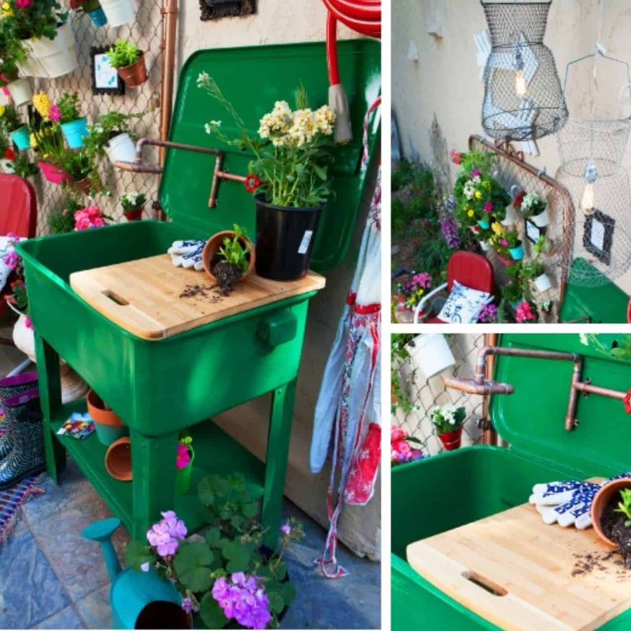 Collage of an upcycled garden workspace featuring a green utility sink, hanging flower pots, wire baskets, and colorful outdoor decor.