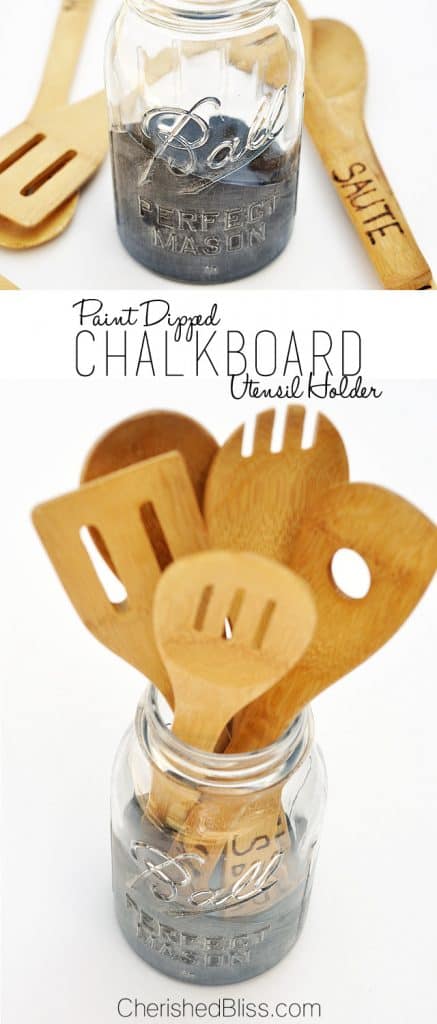 Add a little character to your kitchen with this DIY Mason Jar Utensil Holder with a "dipped" chalkboard accent! Add a little character to your kitchen with this DIY Mason Jar Utensil Holder with a "dipped" chalkboard accent!