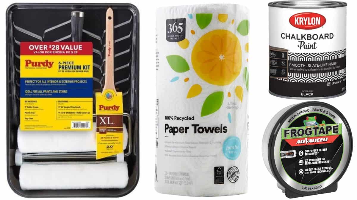 Painting supplies including a roller kit, paper towels, black chalkboard paint, and FrogTape arranged on a white background.