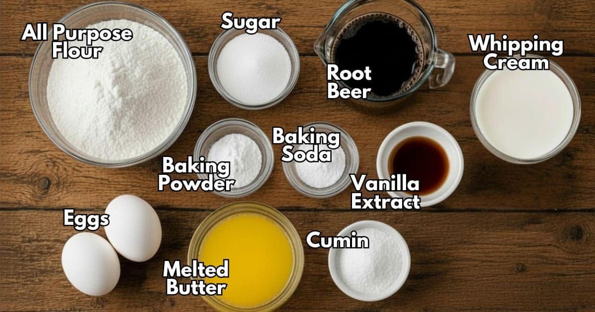These Root Beer Pancakes are any root beer lovers dream. Flat lay of labeled root beer pancake ingredients including flour, sugar, root beer, whipping cream, eggs, melted butter, and vanilla extract.