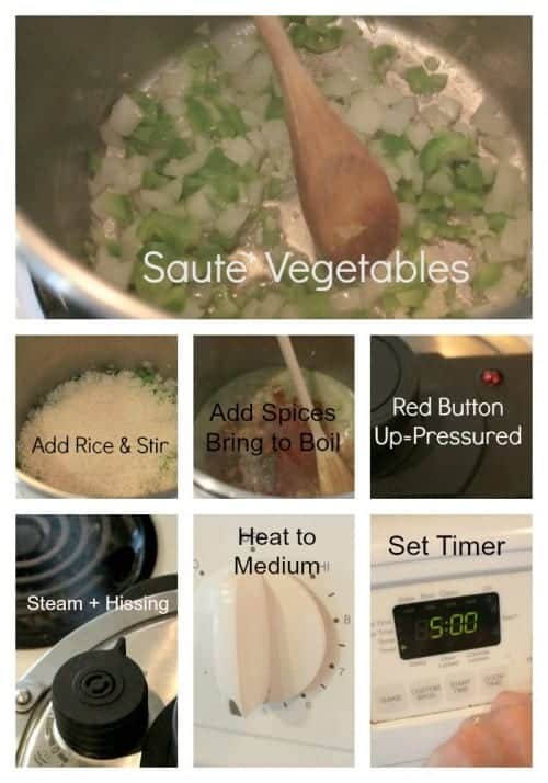 a collage image of the different cooking steps to make spanish rice with a pressure cooker