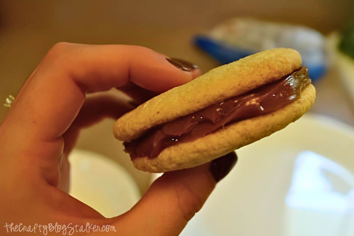 Two cookies sandwiched with dulce de leche.
