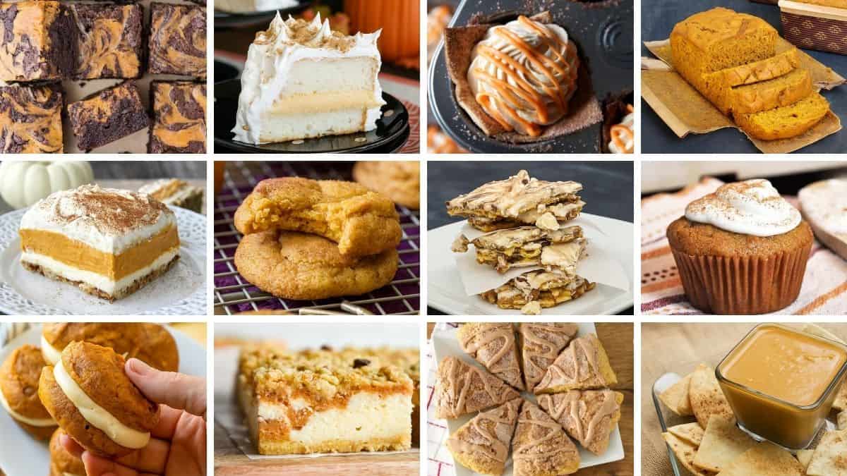 Collage of pumpkin desserts including brownies, cake, cookies, cheesecake bars, bread, and dip, all arranged in a grid showcasing fall treats.