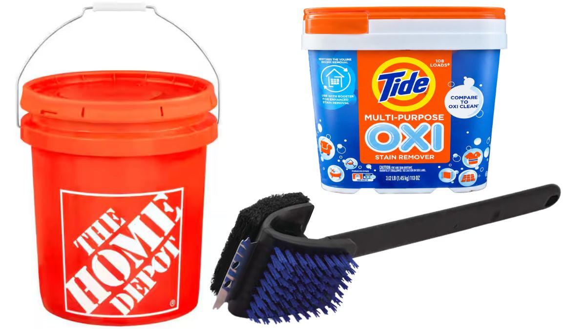 Cleaning supplies for a BBQ grill including a Home Depot bucket, Tide Oxi cleaner, and a grill scrub brush on a white background.