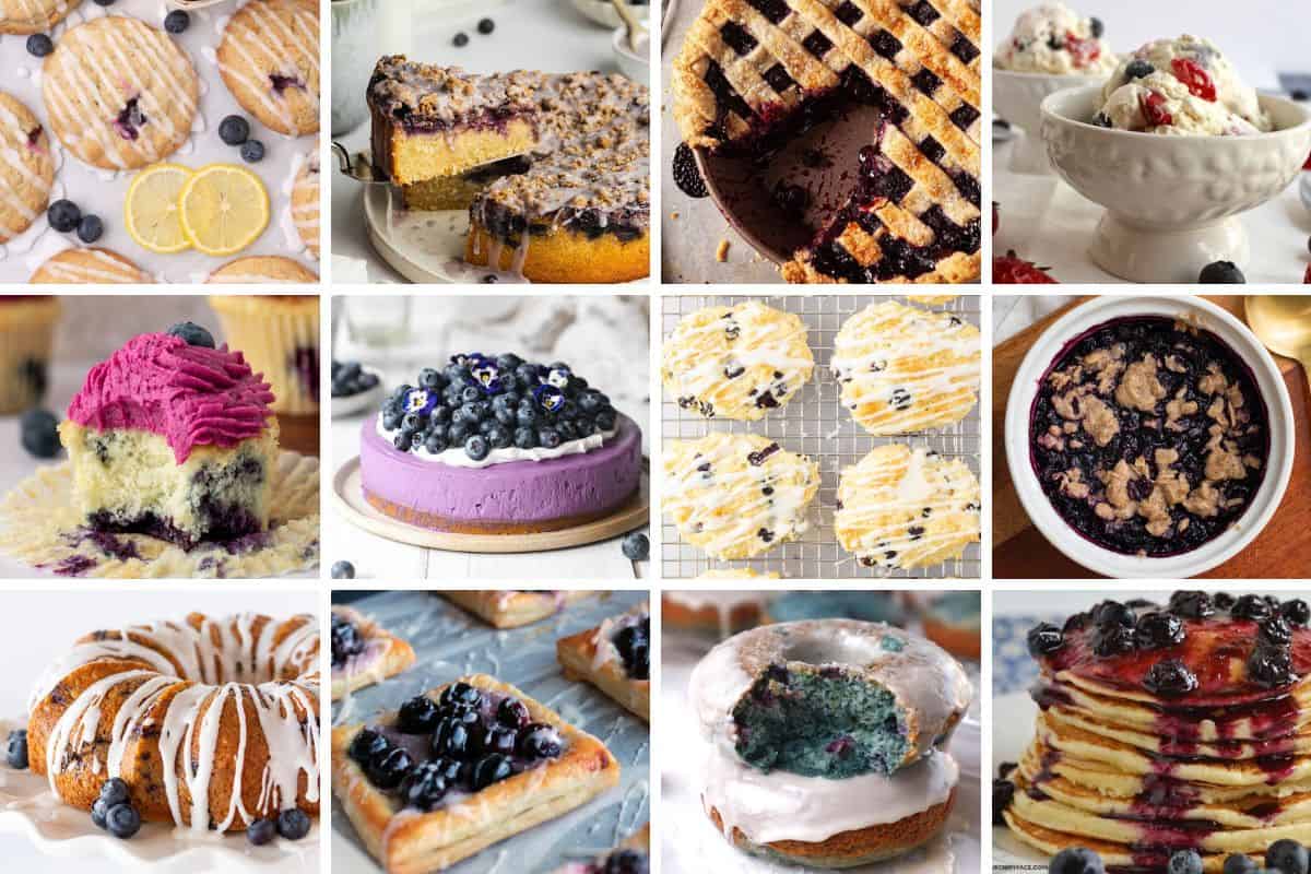 A collage of fresh blueberry desserts including cookies, cakes, pies, ice cream, scones, donuts, and pancakes, all beautifully topped or filled with blueberries.