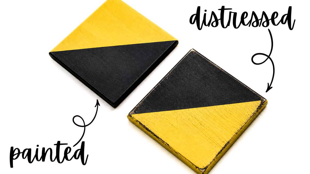Two square coasters with diagonal yellow and black paint, one smooth painted finish and one distressed with worn edges, shown side by side.