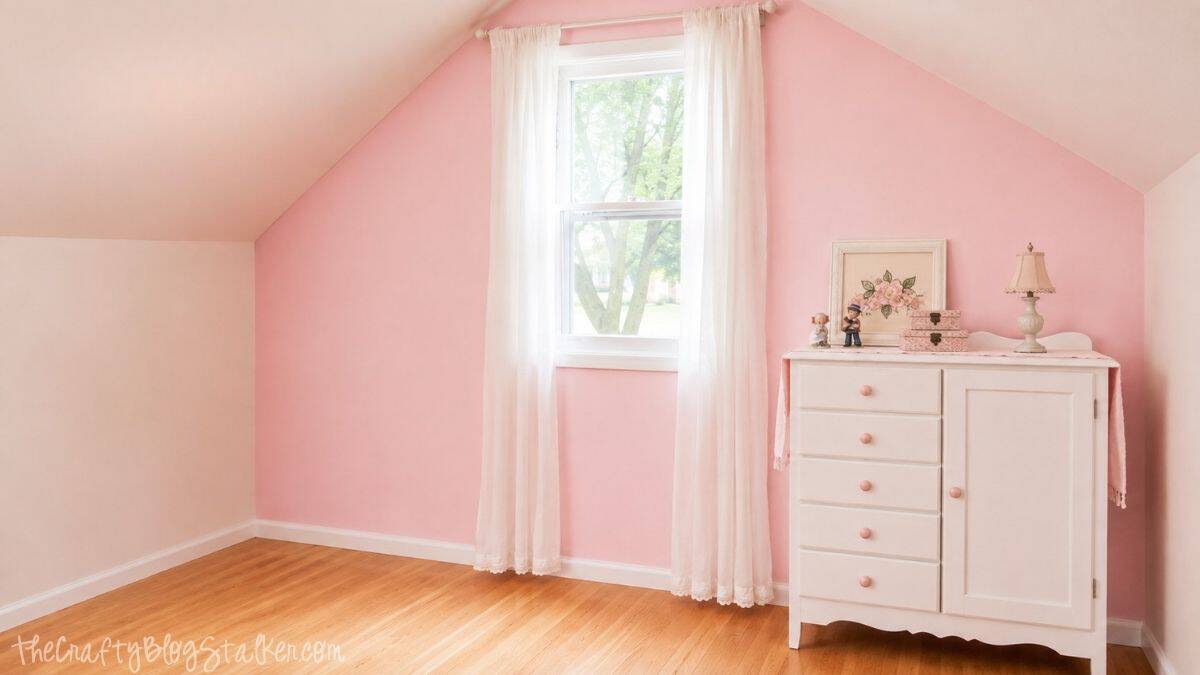 A Pink Shabby Chic Accent wall | Perfect for any little girl! Pink bedroom with a painted accent wall, white curtains, hardwood floors, and a white dresser topped with floral decor and a lamp.
