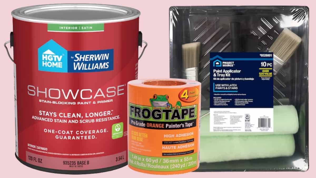 Painting accent wall supplies including Sherwin-Williams paint, FrogTape painter's tape, rollers, brushes, and a paint tray.