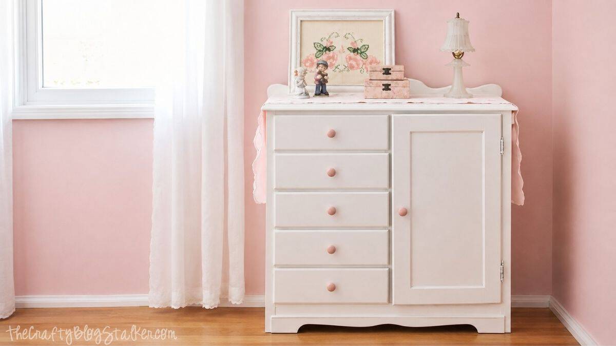 A Pink Shabby Chic Accent wall | Perfect for any little girl! White dresser with pink knobs against a soft pink accent wall, decorated with framed floral art, figurines, pink boxes, and a vintage lamp.