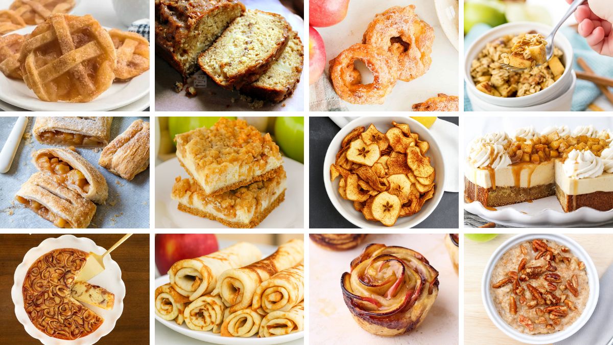 Collage of twelve apple desserts including pie cookies, fritters, cheesecake bars, chips, strudel, cake, crepes, and oatmeal on various plates.