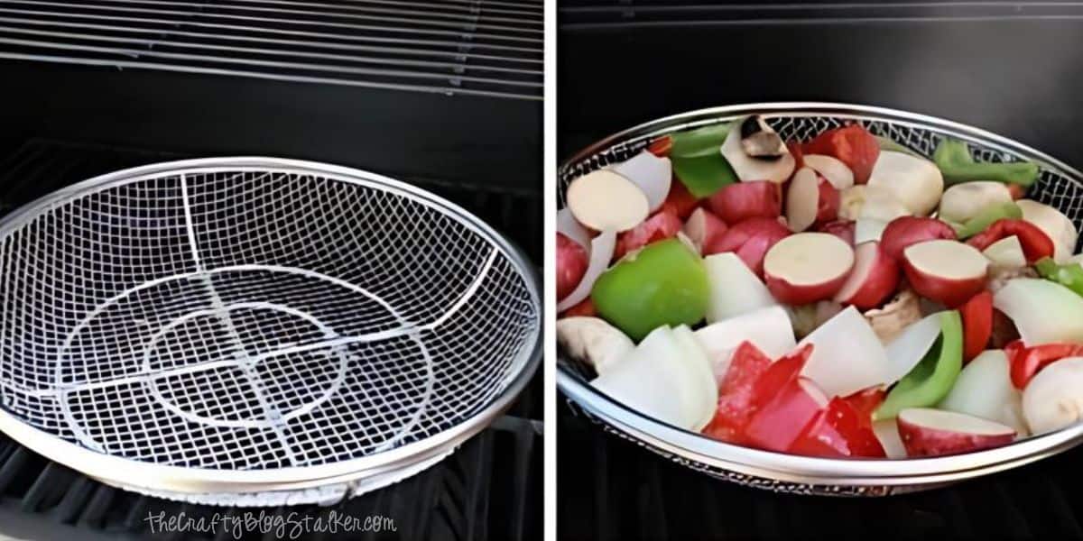 Grilling skillet place on a heated grill and then fill with fresh vegetables.