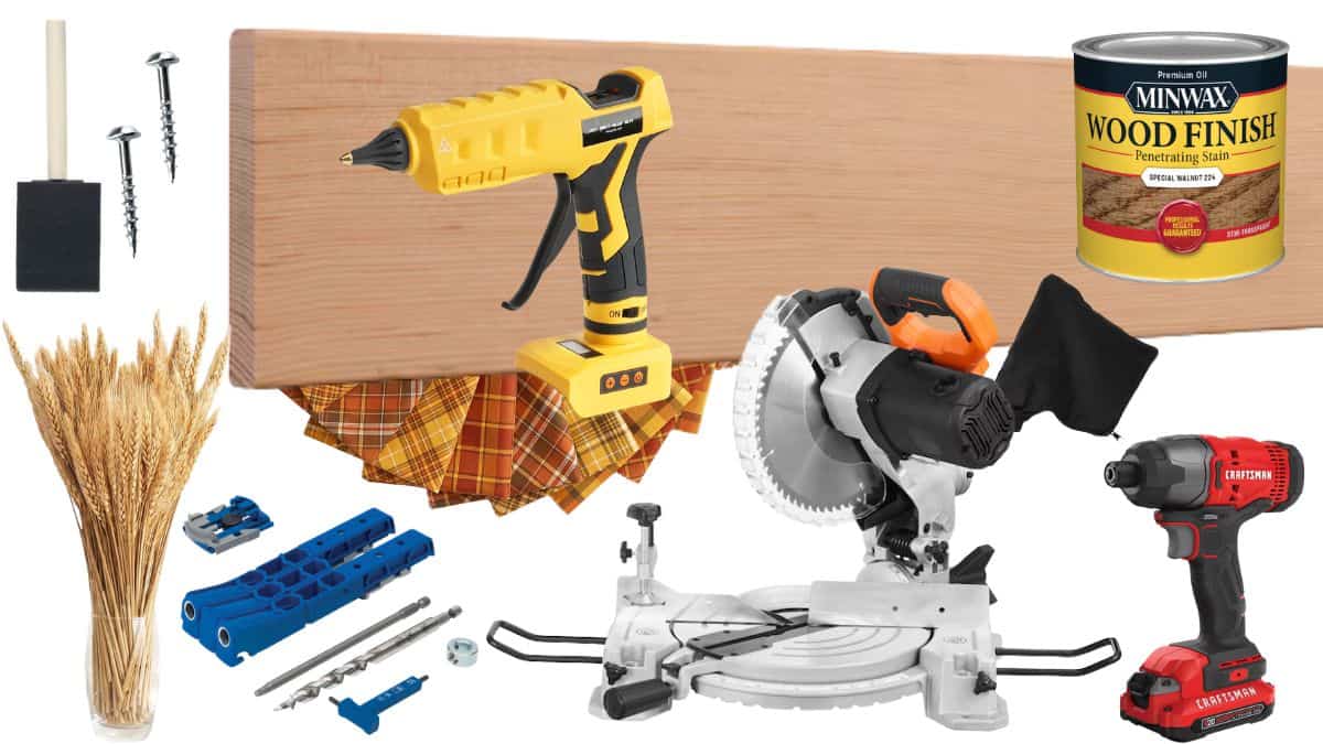 Tools for making a hexagon wooden fall wreath including drill, saw, and paint.