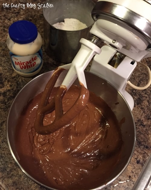 a mixer with the combined heavenly chocolate cake mixture