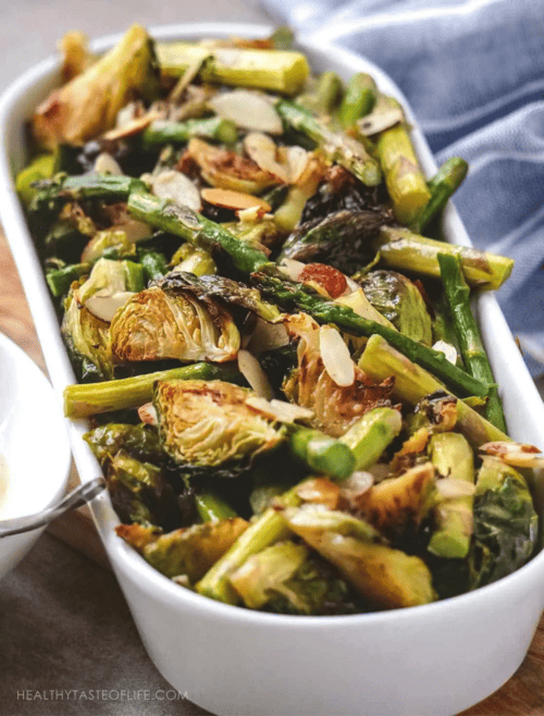 Roasted Brussel Sprouts and Asparagus with a Tangy Sauce